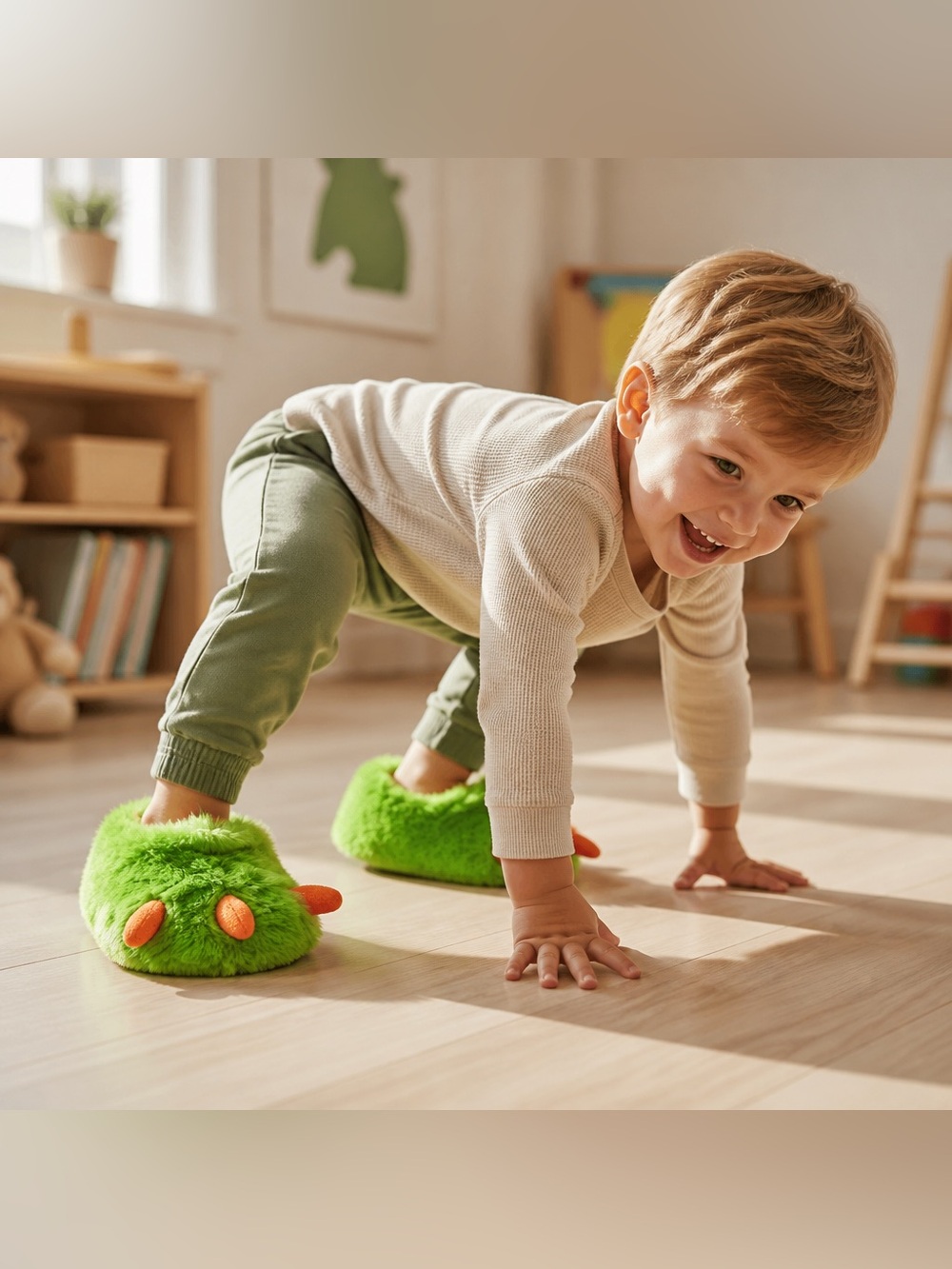 wonder nation Bright Green Plush Monster Kids Slippers with Orange Accents